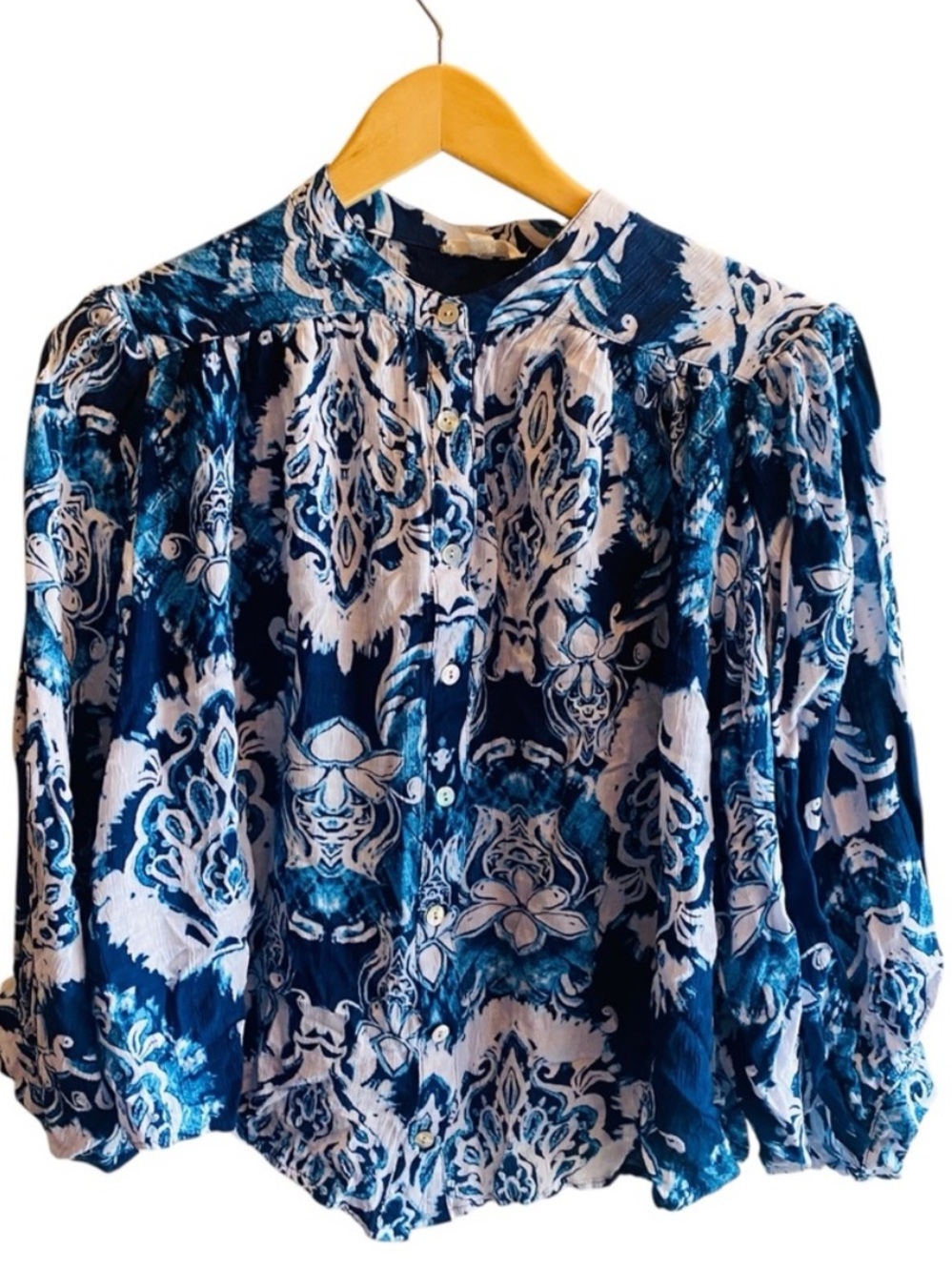 Haute Hippie Top Blue Artsy Print Balloon Batwing Sleeve Button Up Blouse Sz M